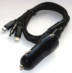 LAD-S-USB-1GN-bk+USB 3w1   Zasilacz-ładowarka samochodowa 5V/1A-1.5A, + przewód z wtykiem USB 3w1