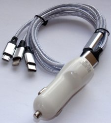 LAD-S-USB-1GN-wh+USB 3w1   Zasilacz-ładowarka samochodowa 5V/1A-1.5A, + przewód z USB 3w1 